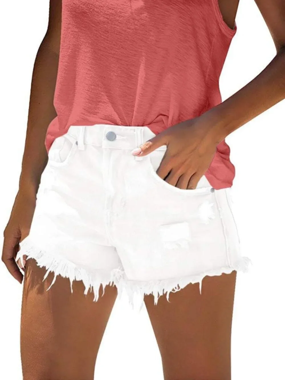 Ripped Mid Rise Denim Shorts for Women | Stylish Jean Shorts with Pockets